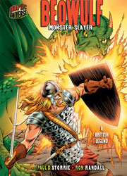 Beowulf: Monster Slayer A mighty warrior in an armored-tunic and metal helmet, holds a sword in his right hand and uses a shield to deflect a blast of fire that a dragon is breathing on him.