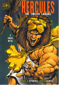 Hercules: The Twelve Labors The mighty Greek hero charges forward wielding his massive battle club. He is draped in the skin of the Nemean Lion, with its head forming the hood of his cloak.