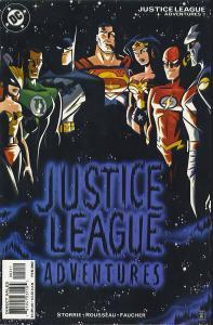 Justice League Adventures #2 The seven heroes of the Justice League - Hawkgirl, Green Lantern John Stewart, Batman, Superman, Wonder Woman, the Flash, and J'onn J'onnz - are shown against a field of stars.