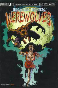 Moonstone Monsters: Werewolves A terrified woman runs through the forest. A snarling werewolf pounces on her from above.