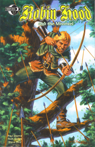 Robin Hood & the Minstel The legendary archer of Sherwood Forest is perched in a tree, firing his bow as arrow fly all around him.