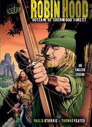 Robin Hood: Outlaw of Sherwood The legendary English archer, draws his bow. Behind him are some of his Merry Men and, in the distance, Nottingham Castle.