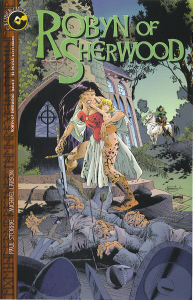 Robyn of Sherwood #2 Marian stands with bloody sword around a pile of fallen enemies as she cradles her infant daughter in the other arm.