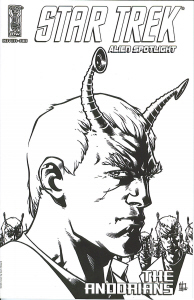 Star Trek Alien Spotlight Andorians Cover 1C   An Andorian alien with a pair of antennae protruding from his forehead is in the foreground, looking very serious. In the background, other Andorians look on.  Same as cover 1A, but in black and white.