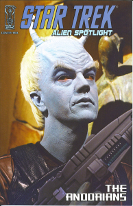 Star Trek Alien Spotlight Andorians Cover 1D  An Andorian alien with a pair of antennae protruding from his forehead holds a laser rifle. The image is from the Star Trek Enterprise show.