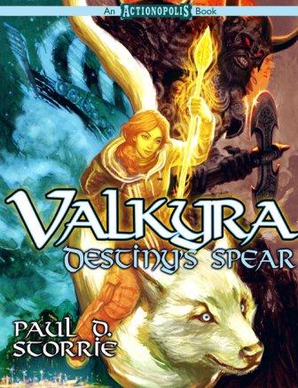 Valkyra: Destiny's Spear

A teen-aged girl carrying a glowing spear rides a giant wolf. Behind her, a dark figure looms with a large battle-axe.