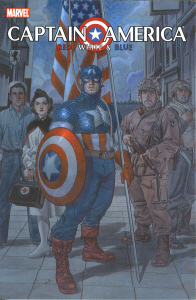 Captain America: Red, White, & Blue Hardcover Captain America stands, holding the flag of the United States, surrounded by men and women of the US Armed Forces